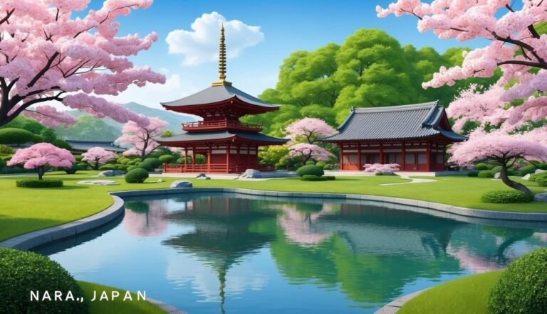 Japanese temple and cherry blossoms reflected in a pond