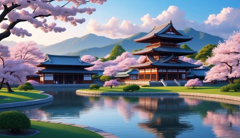 Japanese temple complex with cherry blossoms, pond, and mountains in background