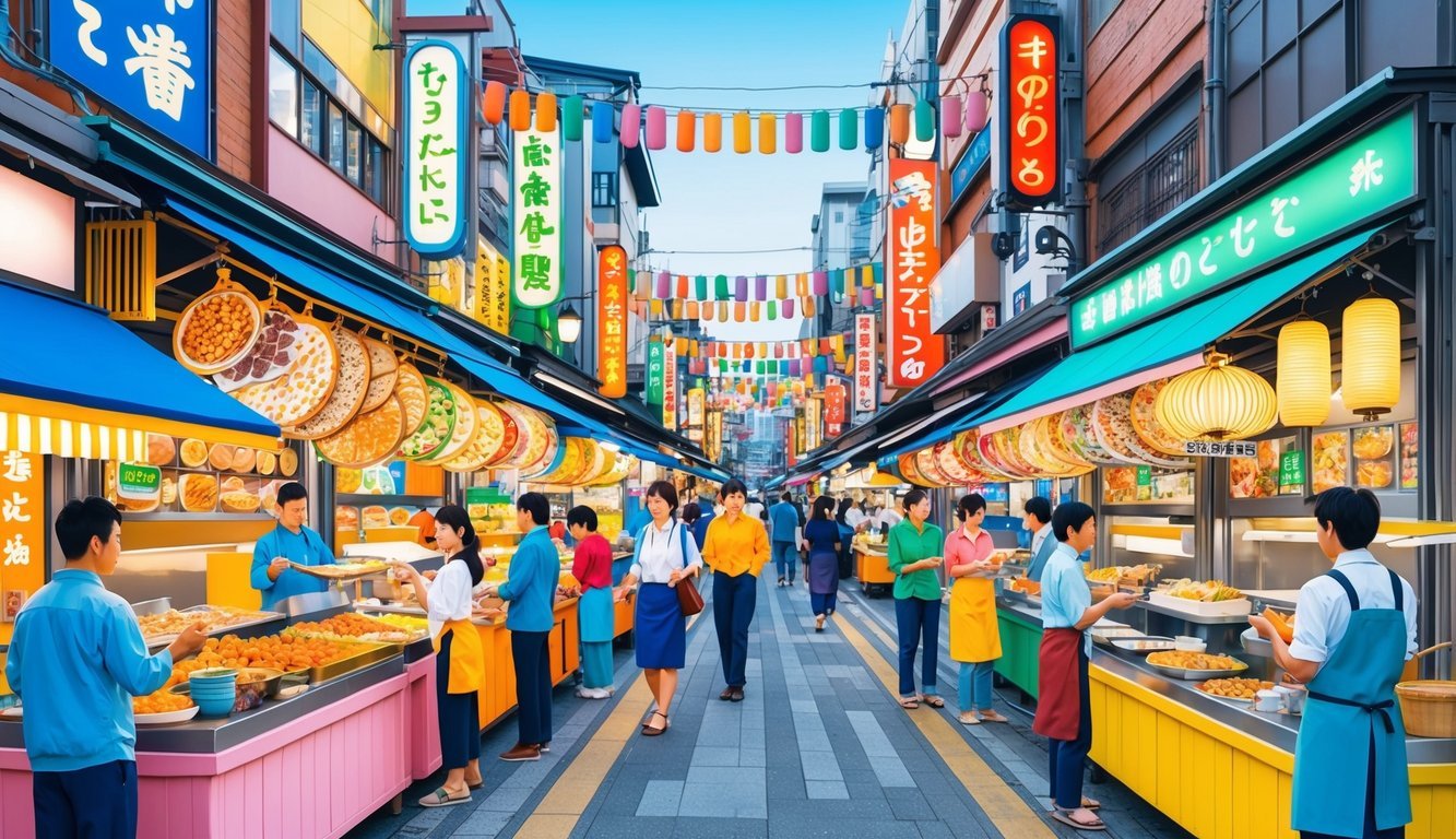 A bustling street food market in Fukuoka, Japan, with colorful stalls selling a variety of local delicacies and people enjoying the diverse gastronomy