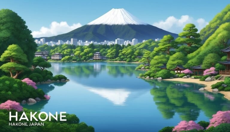 Scenic view of Hakone, Japan, with lake, mountain, and traditional buildings