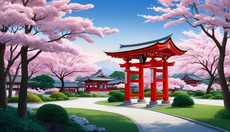 Japanese temple with red gate and cherry blossom trees in bloom