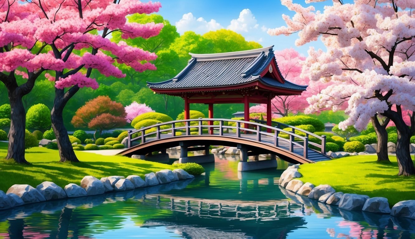 Japanese garden with a bridge, pagoda, and cherry blossom trees