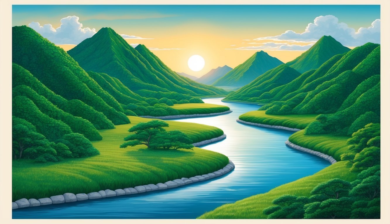 A serene landscape of lush green mountains and a winding river in Sendai, Japan.</p><p>The sun sets behind the peaks, casting a warm glow over the tranquil scene