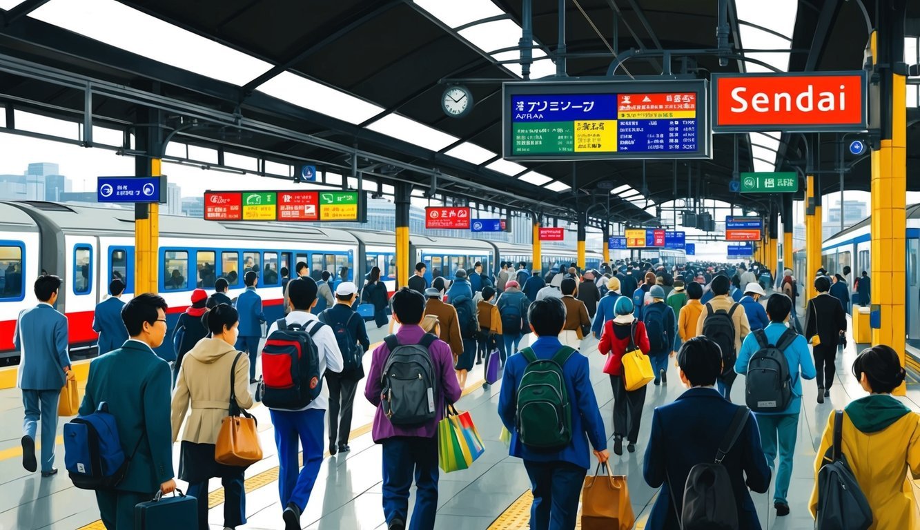 A bustling train station in Sendai, Japan, with commuters rushing to catch their trains and colorful signs displaying travel information