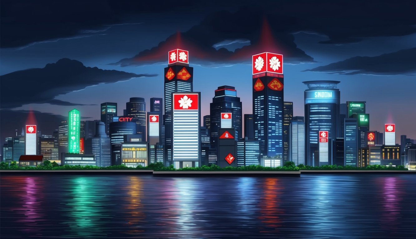 A city skyline with illuminated emergency and safety signs in Sendai, Japan