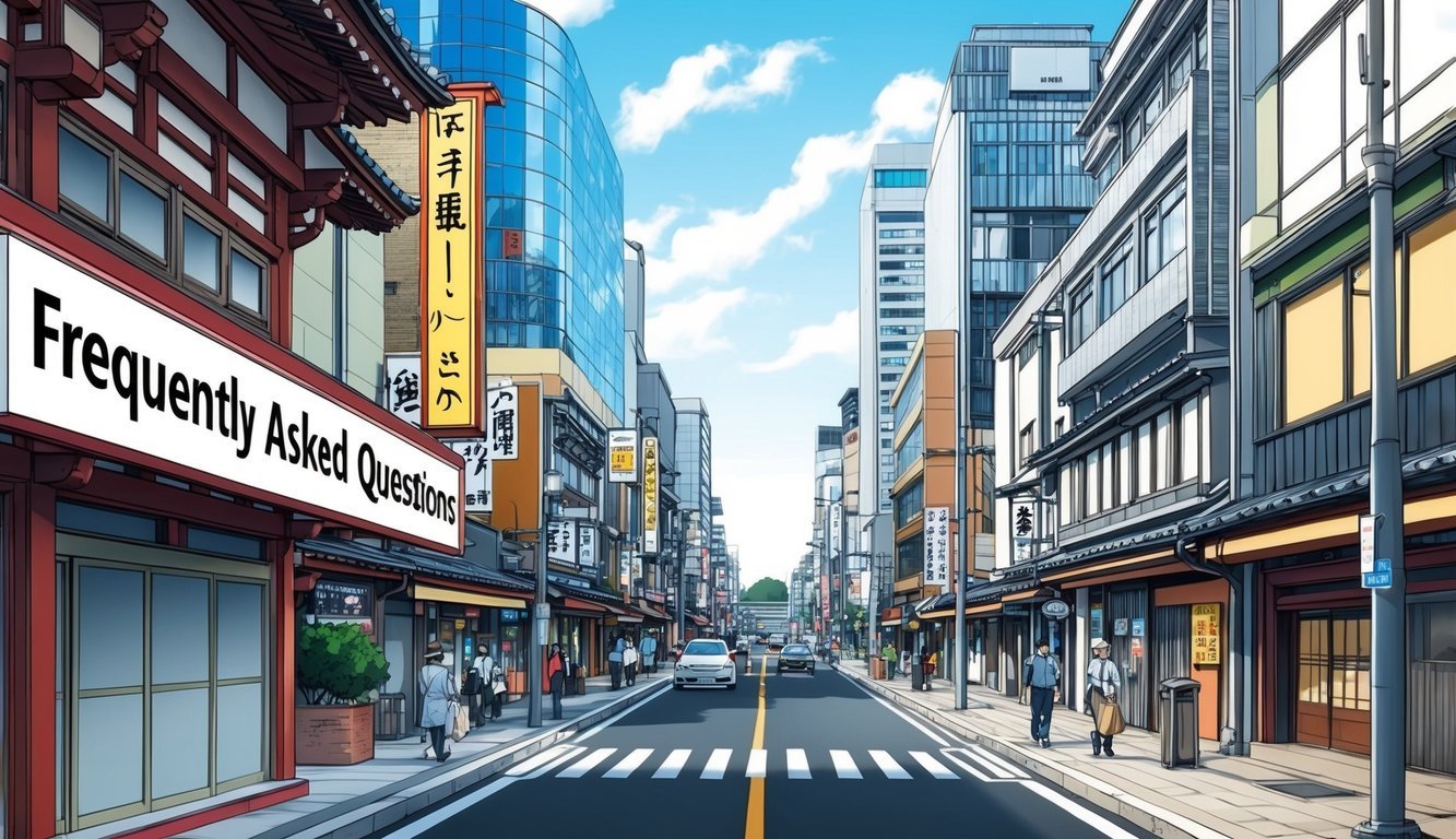 A bustling city street in Sendai, Japan with a prominent sign for "Frequently Asked Questions" against a backdrop of modern buildings and traditional architecture