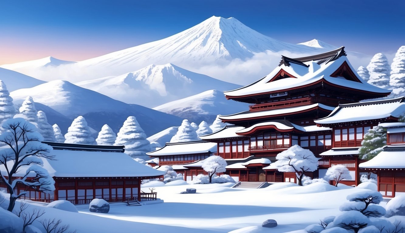A serene snow-covered landscape with traditional Japanese architecture and snow-capped mountains in the background