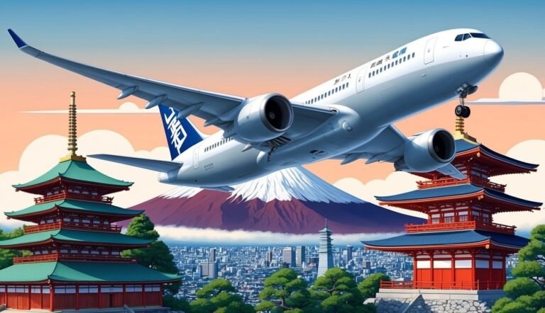 Airplane flying over Japanese pagodas, Mount Fuji, and a city skyline