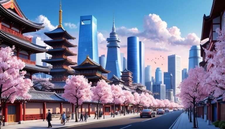 Japanese architecture and cherry blossoms line a city street with skyscrapers