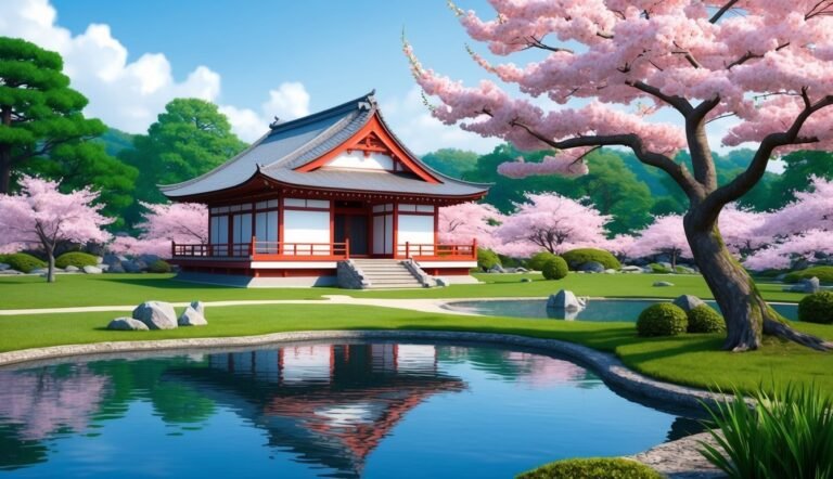 Japanese temple with cherry blossoms, pond, and green lawn