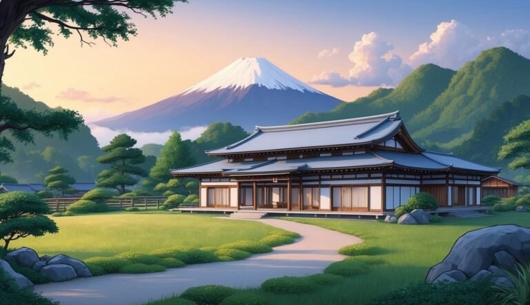 Japanese house with Mount Fuji in the background, serene landscape