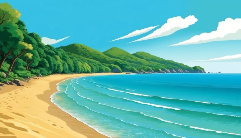 Beach scene with green hills, blue water, and white clouds in the sky