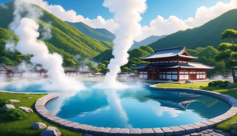 Japanese-style buildings, hot spring pool, and mountains with steam rising