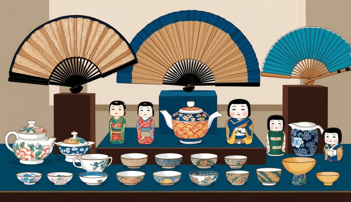 A display of traditional Japanese souvenirs, including small ceramic tea sets, wooden kokeshi dolls, and intricately patterned fans