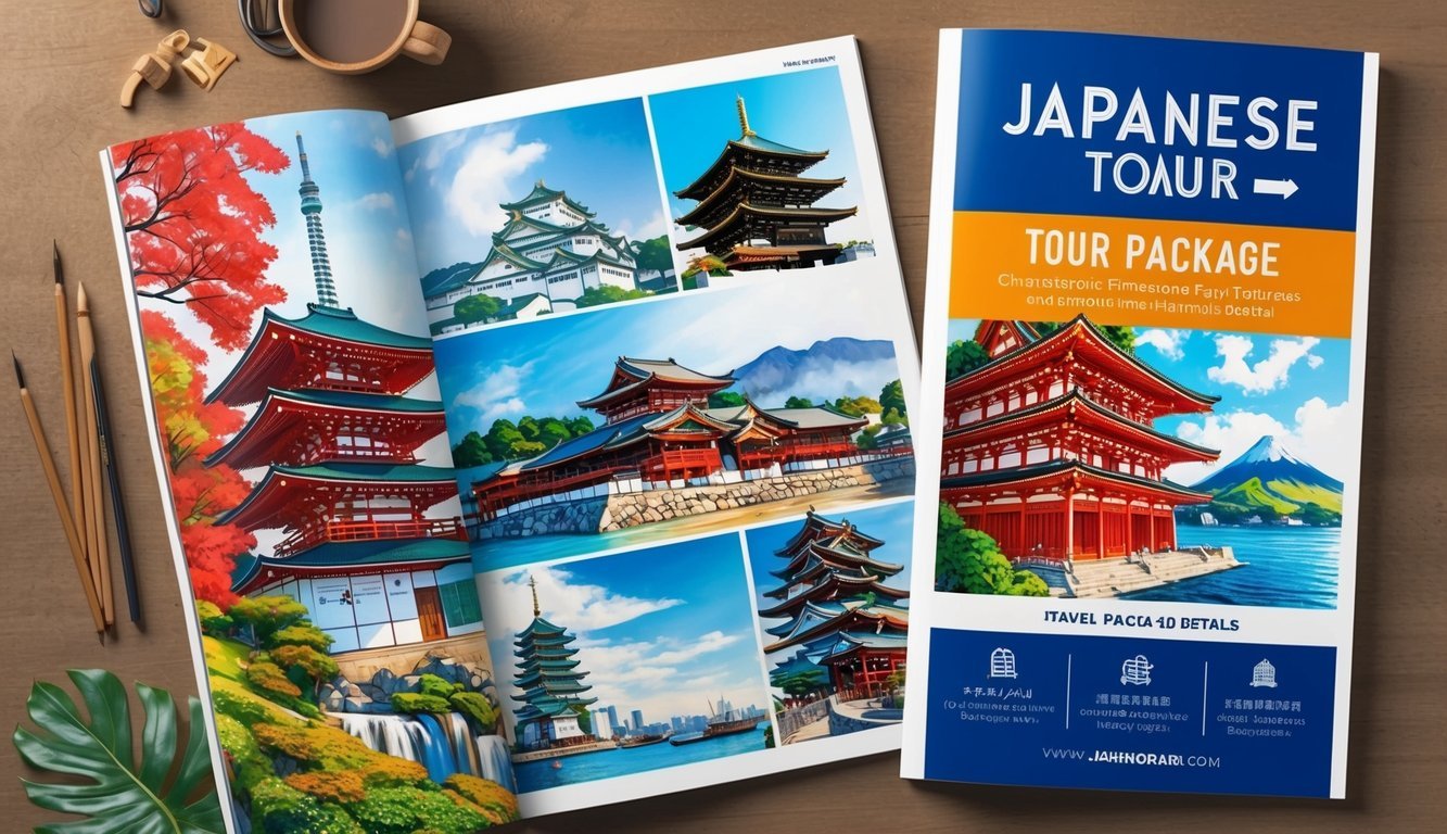 A travel brochure with images of iconic Japanese landmarks and tour package details