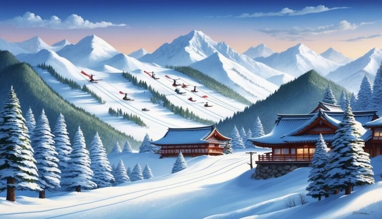 Snowy mountain landscape with ski lifts, Japanese buildings, and pine trees