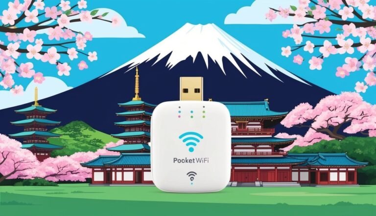 Pocket WiFi device with Japanese landscape background, Mount Fuji