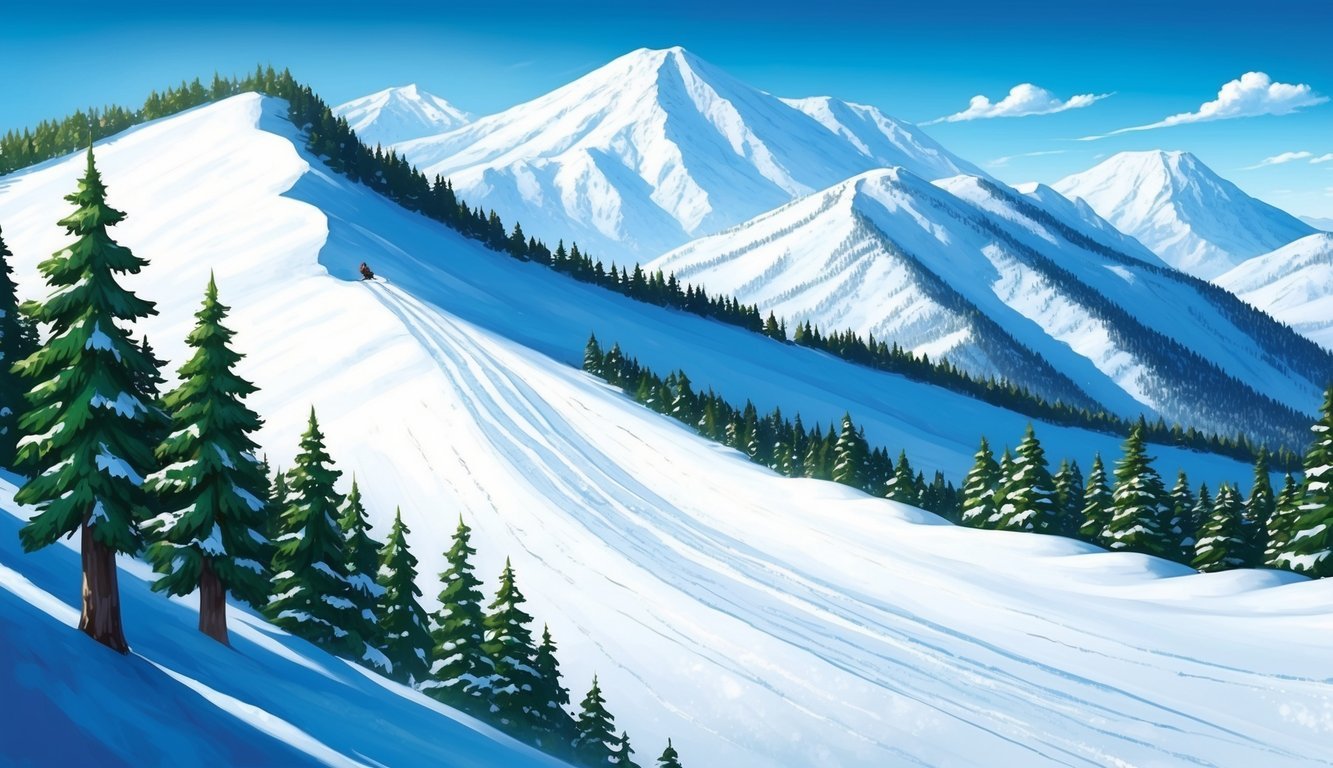 A snow-covered mountain slope with pine trees and clear blue skies, showcasing the ideal climate and snow quality for skiing in Japan
