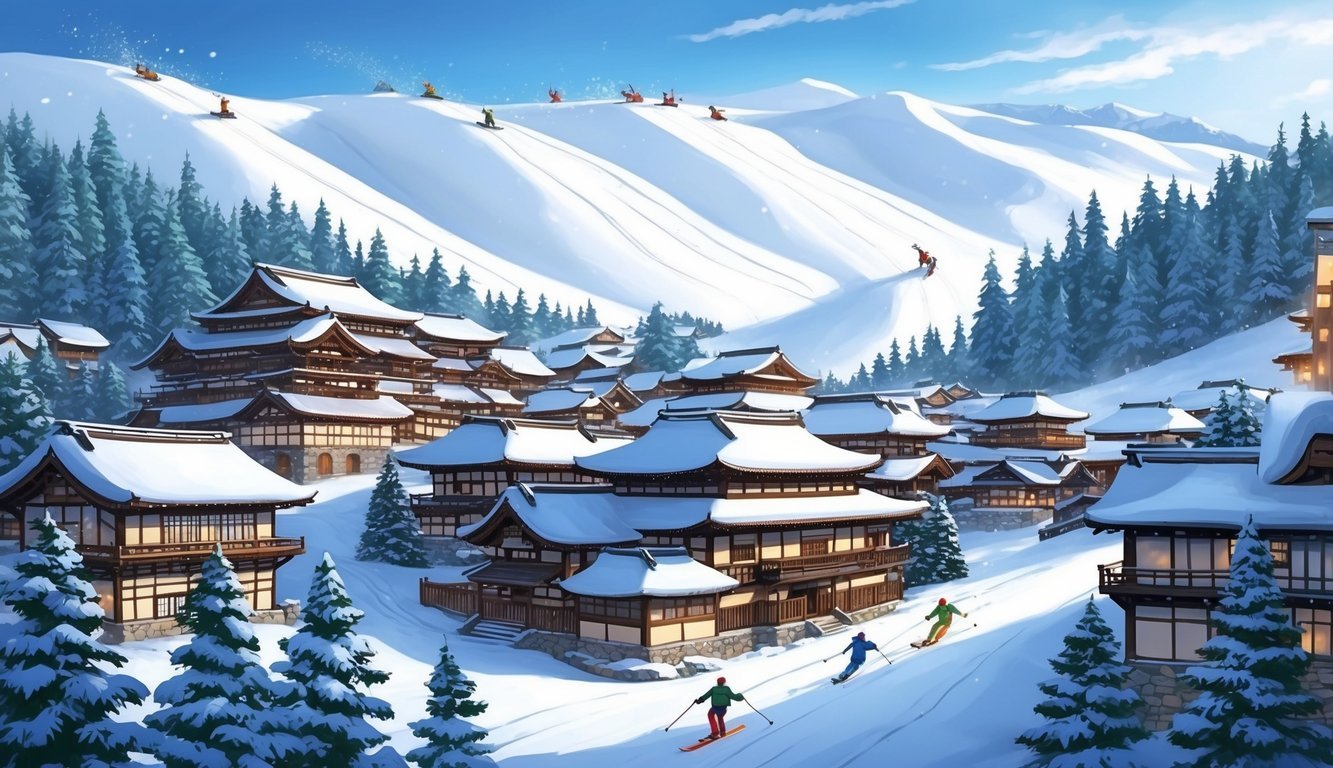 A snow-covered mountain village with traditional Japanese architecture nestled among pine trees, with skiers gliding down the pristine slopes in the distance
