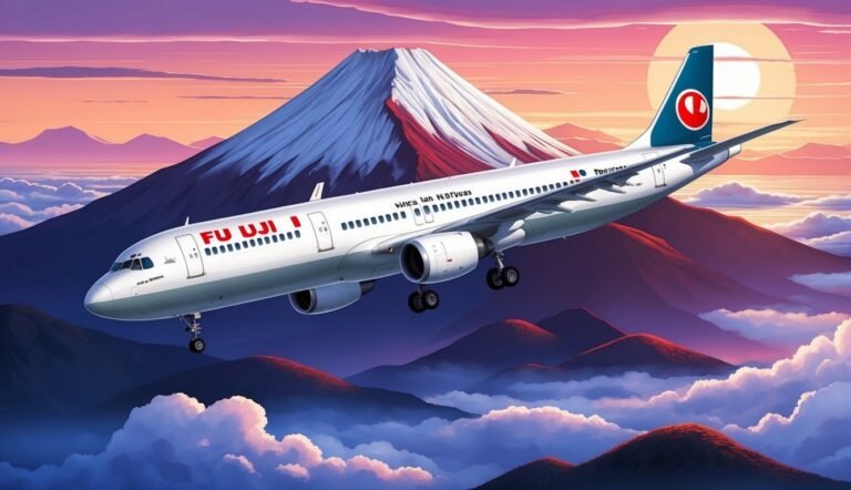 Airplane flying past Mount Fuji at sunset, with clouds and mountains