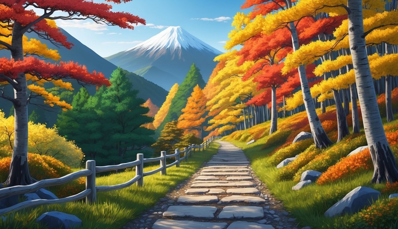 A serene mountain trail in Japan during autumn, with vibrant foliage and clear skies, perfect for hiking