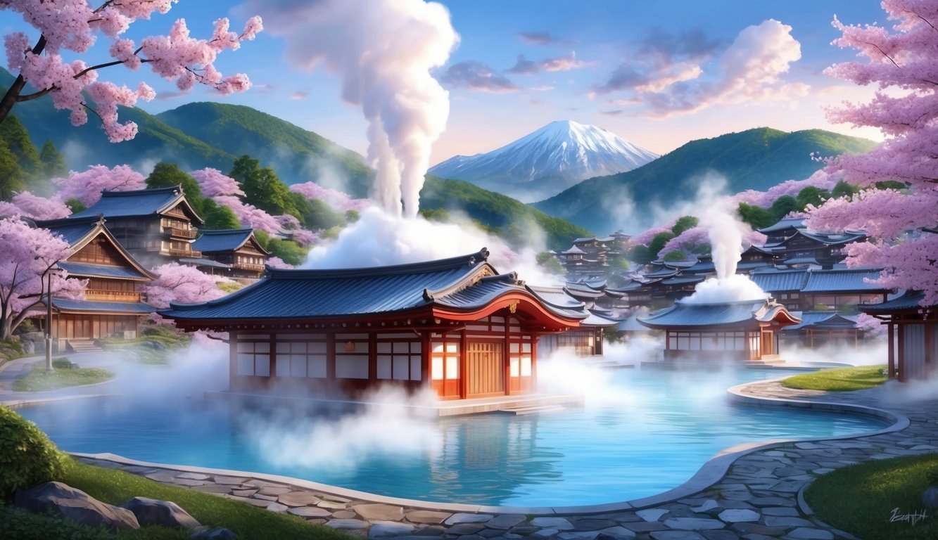 Japanese onsen with cherry blossoms, steaming water, and mountain backdrop