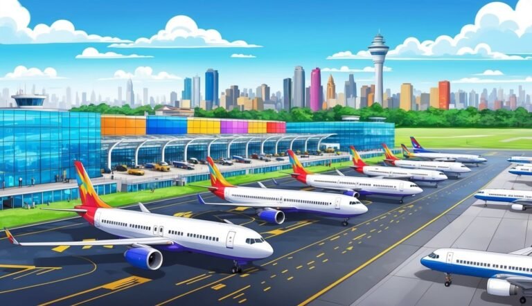 Airplanes parked at a colorful airport with a city skyline in the background