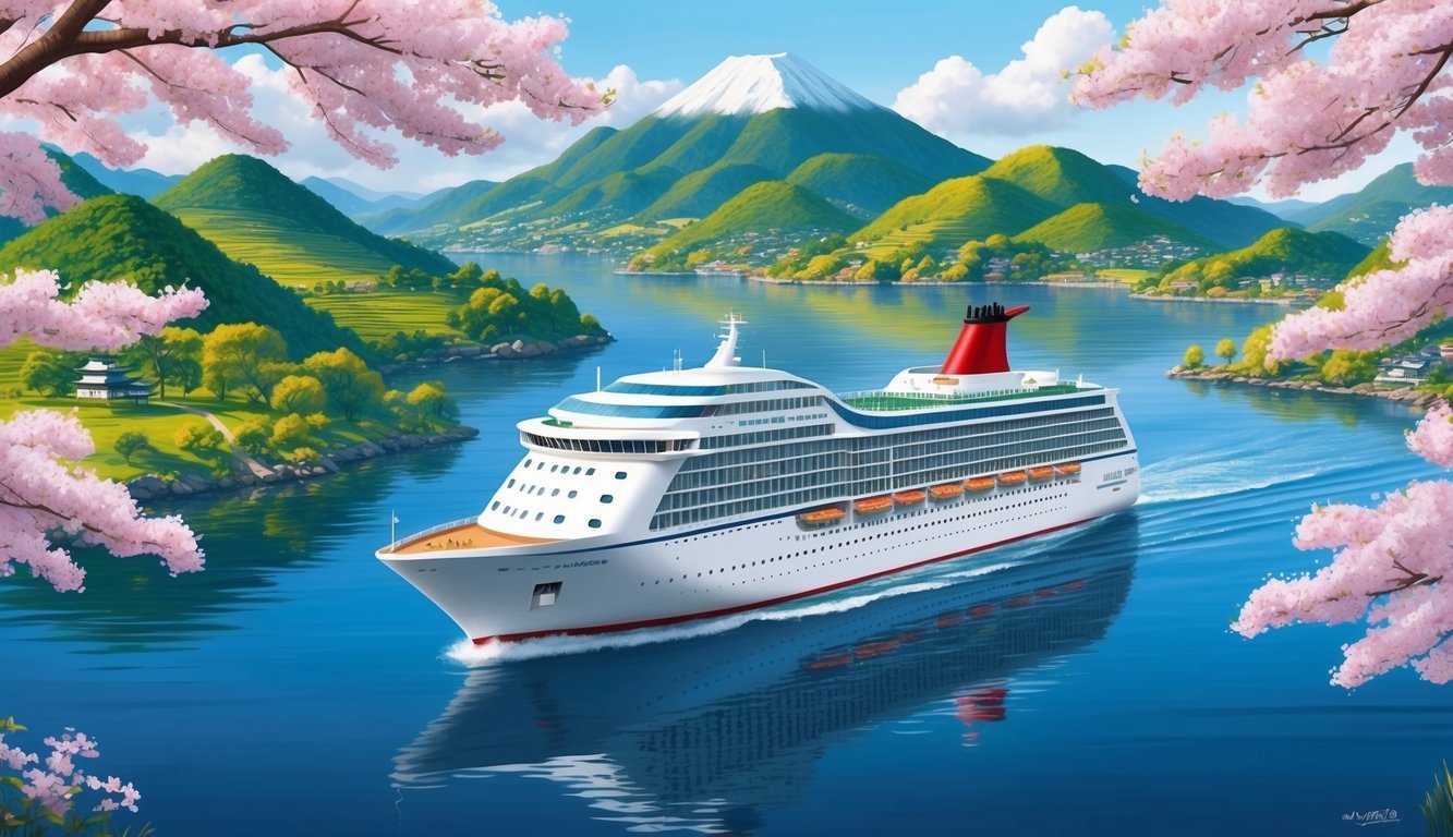 A serene cruise ship glides through the calm waters of Japan, surrounded by picturesque mountains and cherry blossom trees in full bloom