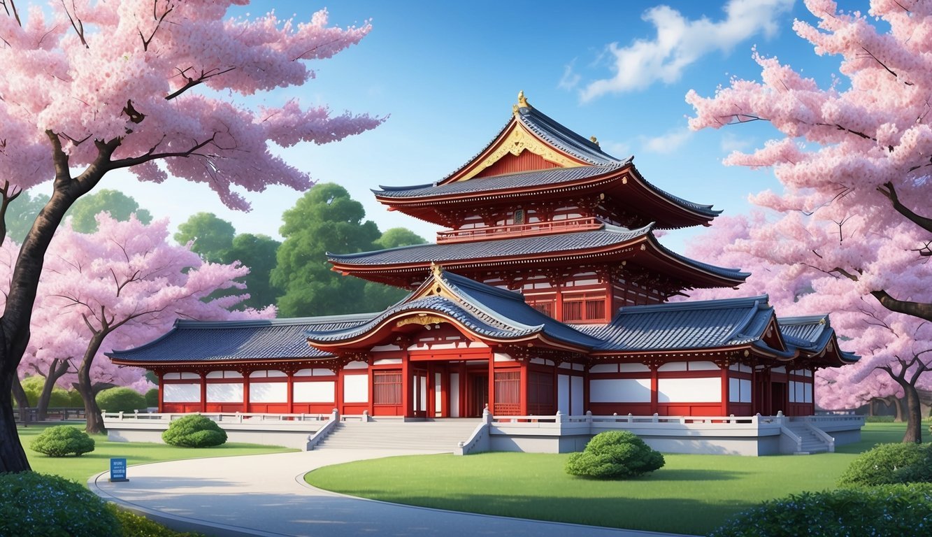 A traditional Japanese museum with a pagoda-style roof surrounded by cherry blossom trees and a serene garden