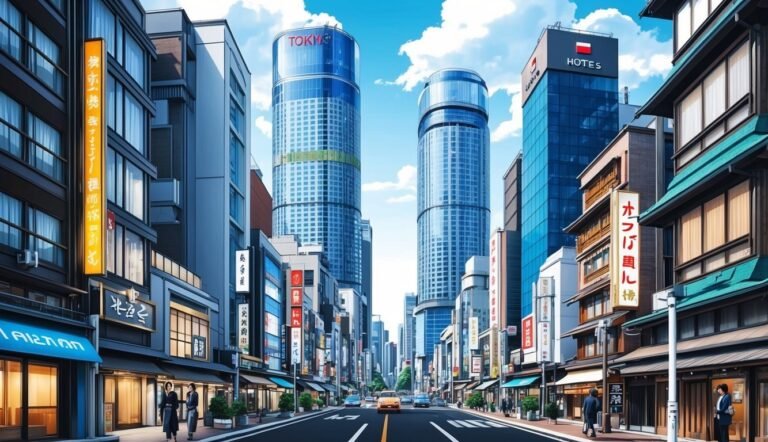 Street view of Tokyo with tall buildings and Japanese signs