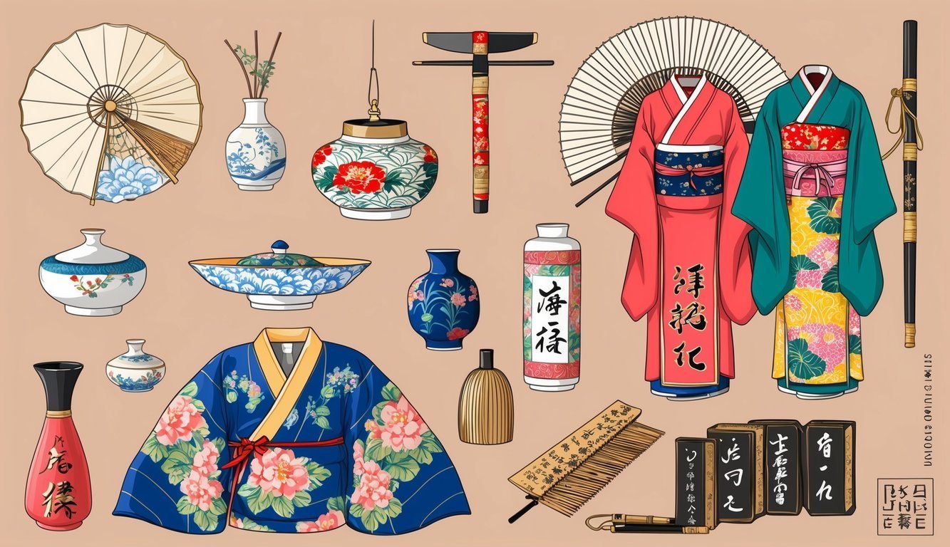 Assortment of Japanese cultural items including kimonos, vases, and calligraphy