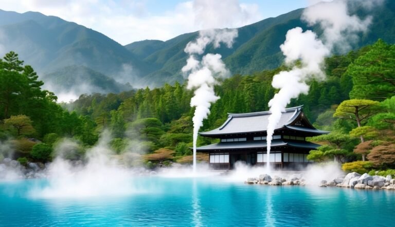 Japanese-style building by a turquoise hot spring with steam rising