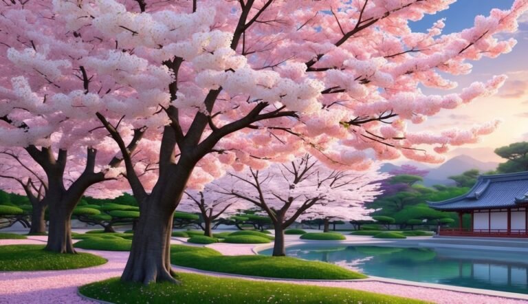 Cherry blossom trees frame a serene Japanese garden with a pond