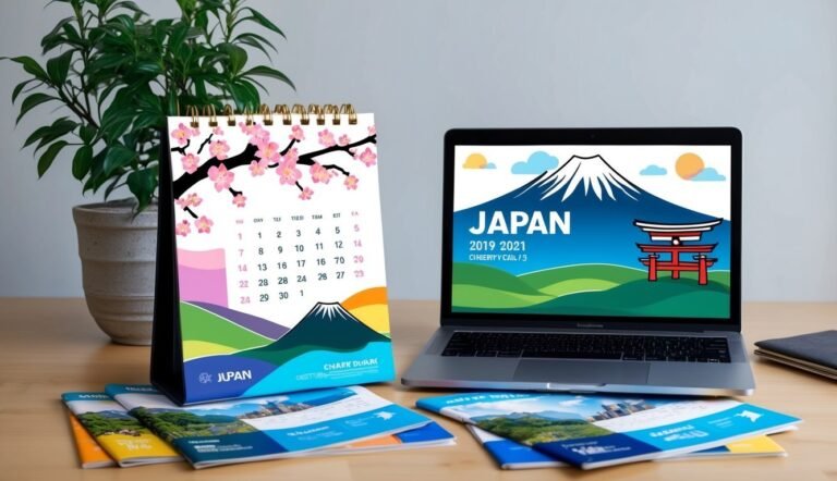 Desk with Japan-themed calendar, laptop, brochures, and a potted plant