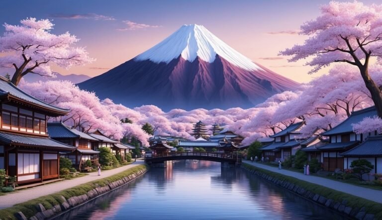Japanese village with cherry blossoms, river, and Mount Fuji in the background