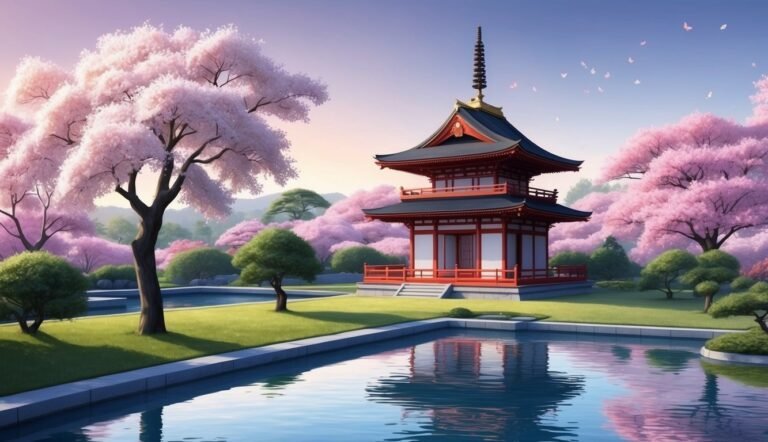 Japanese pagoda surrounded by cherry blossom trees and a reflecting pond