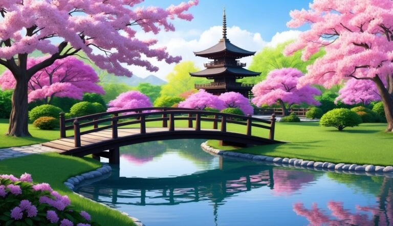 Japanese garden with pagoda, bridge, and blooming cherry blossom trees