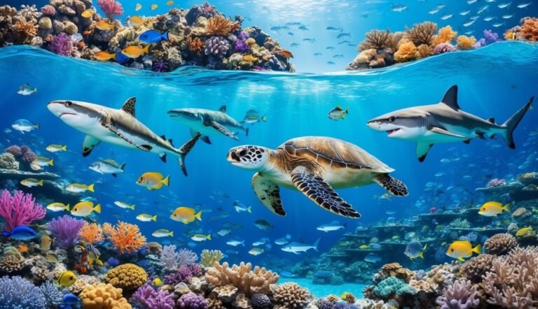 Underwater scene with sharks, a sea turtle, and colorful coral reef