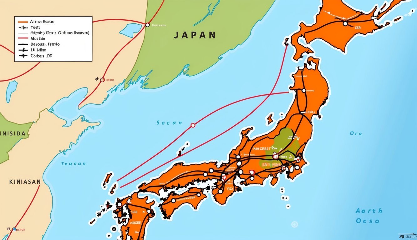 A map of Japan with various airplane routes and symbols indicating different travel options