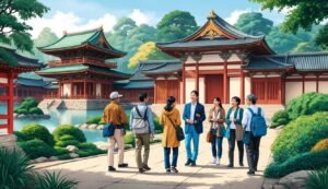 Group of people walking in front of a Japanese temple