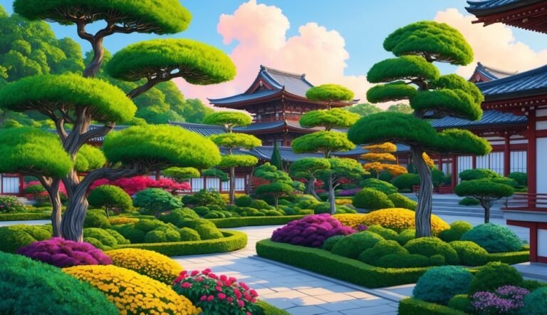 Japanese garden with manicured trees, colorful flowers, and temple buildings