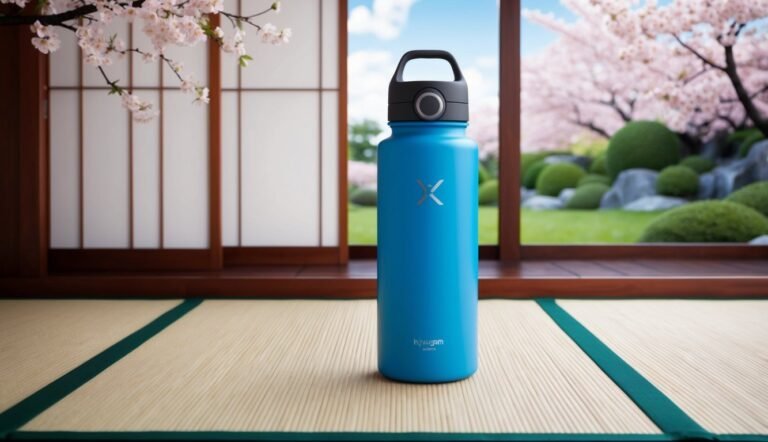 Blue water bottle on a tatami mat with a Japanese garden view
