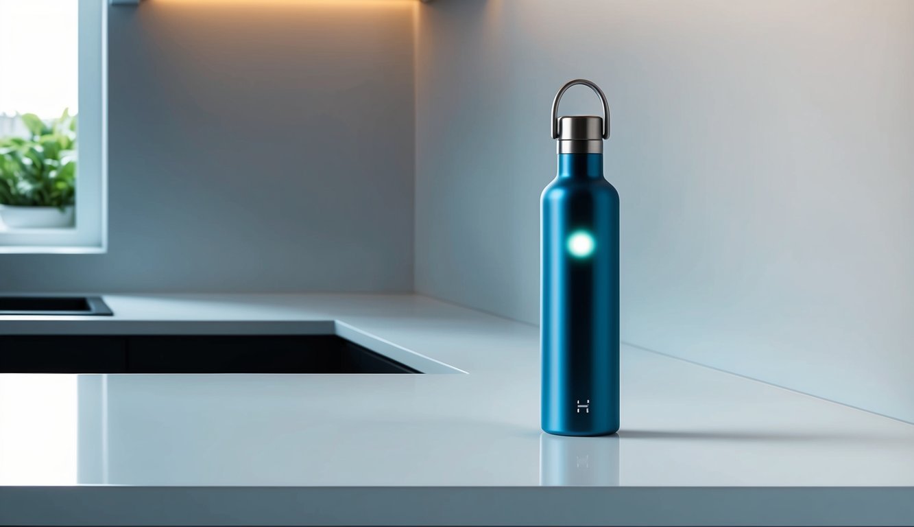 A sleek, modern hydrogen water bottle sits on a clean, white countertop, with a soft glow emanating from within