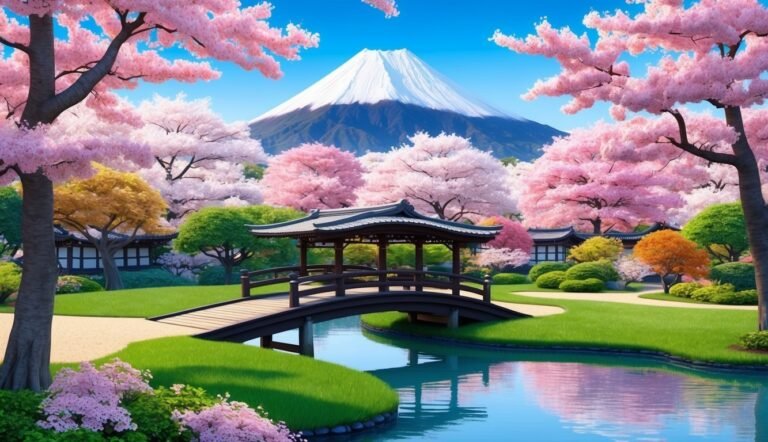 Japanese garden with bridge, pond, cherry blossoms, and Mount Fuji in background