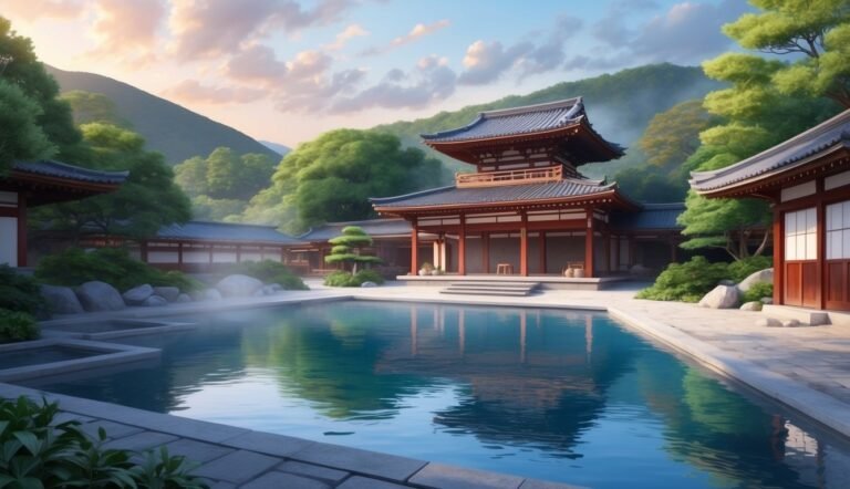 Japanese temple with a reflecting pool, mountains, and lush greenery