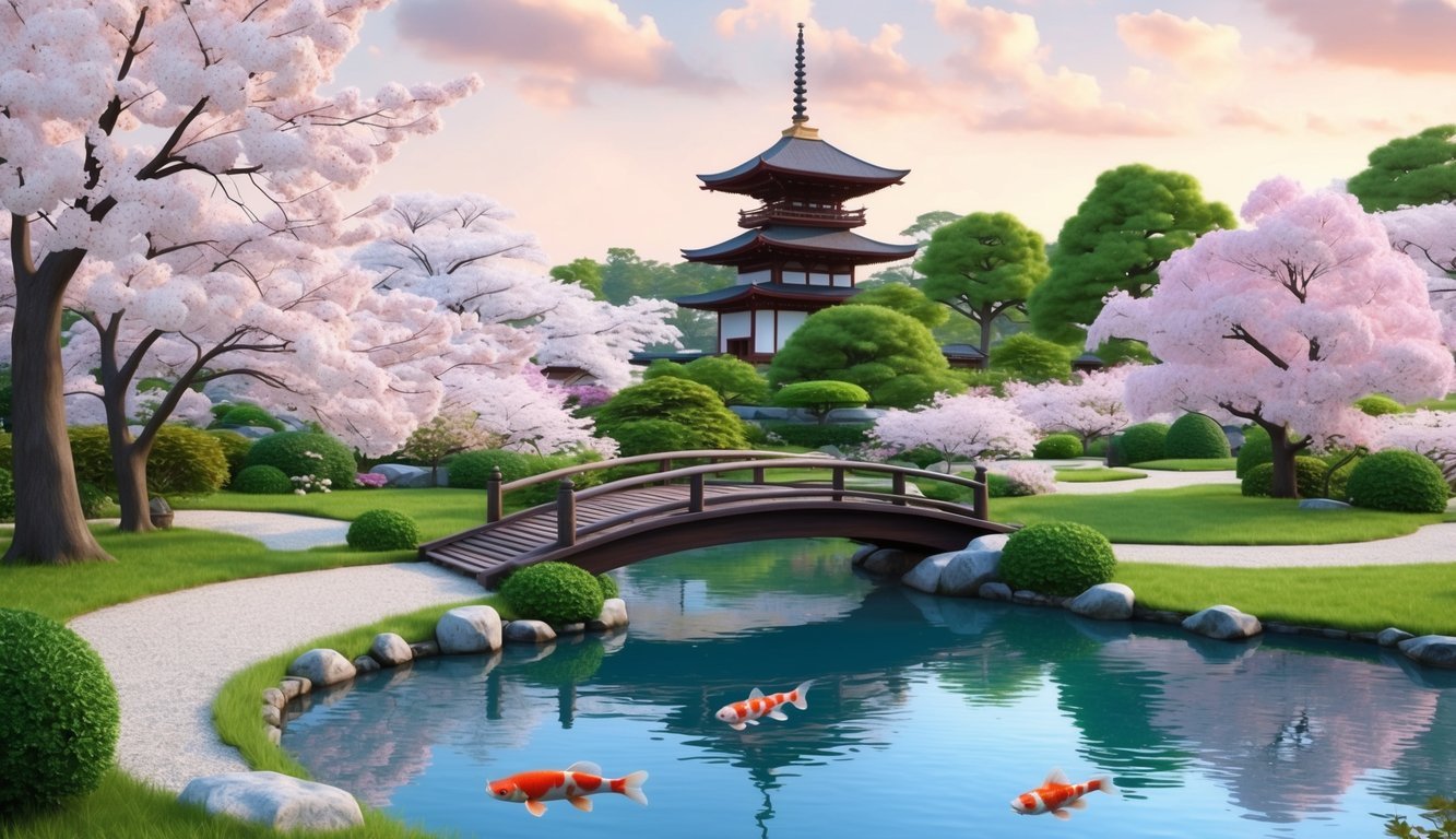 A serene Japanese garden with a traditional wooden bridge over a koi pond, surrounded by cherry blossom trees and a pagoda in the background