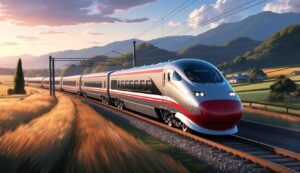 High-speed train travels through a rural landscape with mountains in the background