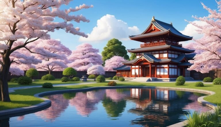 Japanese temple with cherry blossoms reflected in a pond on a sunny day