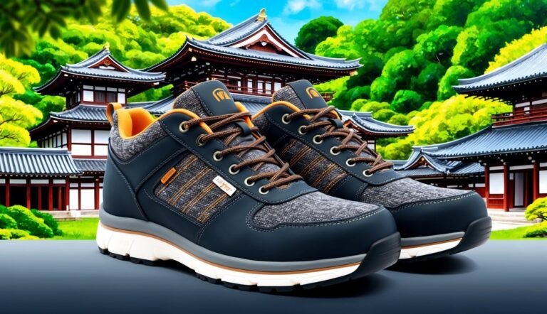 Pair of blue and orange work shoes in front of a temple