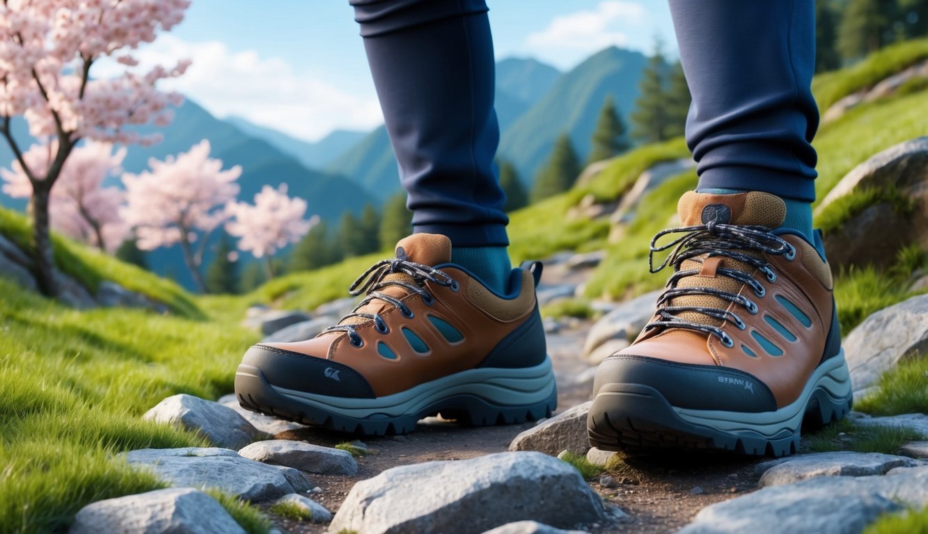 A pair of sturdy walking shoes on a rocky trail in a lush, mountainous landscape with cherry blossom trees in the background